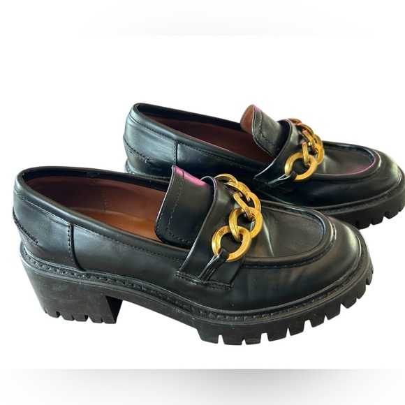 ZARA Gold Chain Detail Lug Sole Heeled Loafers EU38 Black Academia Preppy Grunge - Picture 3 of 9